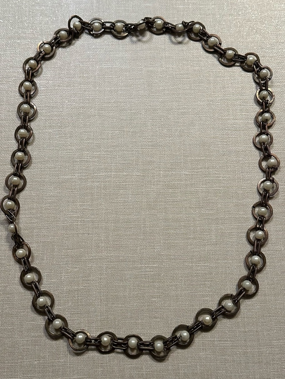 Antique Bronze & Faux Pearl Geometric Link Necklace